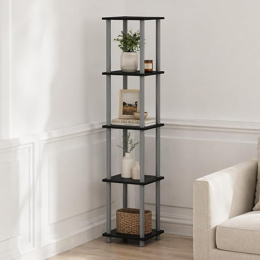 Furinno Turn-N-Tube Storage Shelves, 5-Tier Square Book Shelf, Corner Shelf, Toolless Open Shelves, Round Tubes, for Organization and Storage, Living Room, Garage, Home Office, Black