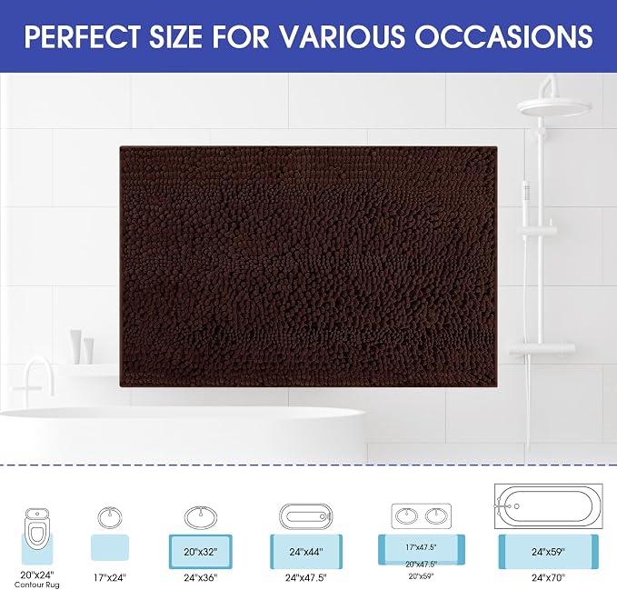 ACCUMTEK Striped Brown Bathroom Rug Mat 48"x17" Ultra Soft, Non Slip Chenille Bath Rugs, Absorbent Plush Shaggy Bath Mats for Bathroom, Bedroom, Kitchen, Shower, Tub