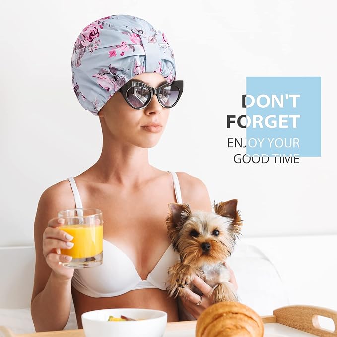 INNELO Shower Cap for Women Reusable Waterproof, Double Layer, Satin Lined | Bath Cap, Adjustable Elastic Strap, Large Size for Short Long Curly Hair, Soft Silky Lined, Anti Frizz, Shower Essentials