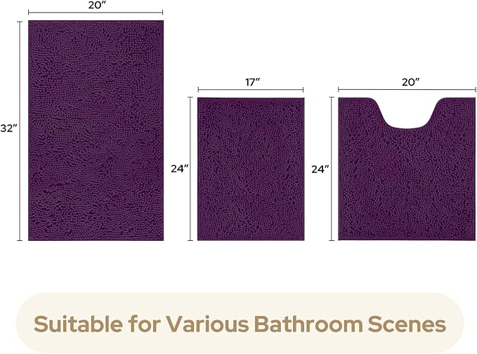 HOMEIDEAS Purple Chenille Bathroom Rugs Set of 3, Non Slip Bath Mat | Super Absorbent, Soft Microfiber, Machine Washable, Stain Resistant, for Bathroom Decor