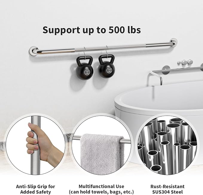 2 Pack Shower Grab Bar 48 Inch, ZUXET Chrome Extra Long Handicap Grab Bar w/Knurled Grip, Stainless Steel Bathroom Handrail for Toilet Shower Bathtub, Wall Mounted Anti-Slip Support Bar for Seniors