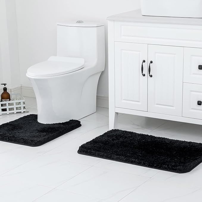 MIULEE Black Bathroom Rugs Set 2 Piece Soft Bath Mats 20x24+16x24 Inch | Absorbent Microfiber Bath Mat and U-Shaped Toilet Rug, Non Slip, Quick Dry, for Bathroom Floor Tub Showers, Machine Washable