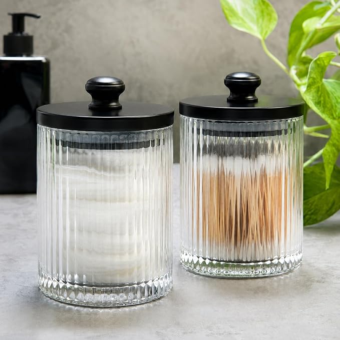 Mason & Fable Ribbed Glass Bathroom Jars | Set of 2 Farmhouse Style Storage Canister with Airtight Black Wooden Lids | Cotton Pad/Swab/Q tip Holder/Bath Salt/Clear Vanity