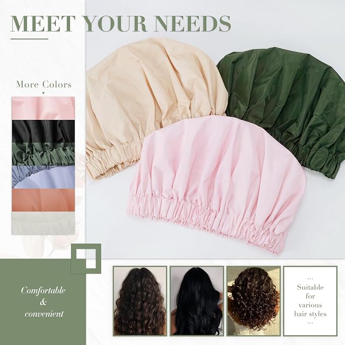 Edoneery Shower Caps for Women Reusable Waterproof, Shower Hair Cap | Washable Bonnet, Wide Elastic Band, Large Fit, Holds Long Hair, Braids Friendly, Bath Accessories, Spa, Travel