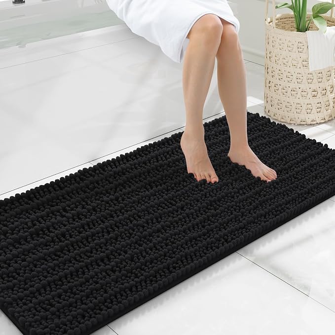 Smiry Bathroom Rugs 47X20, Extra Soft Rubber Backing Chenille Bath Mats | Black Machine Washable Non Slip Quick Dry Bath Mats for Bathroom Floor, Tub, Shower, Home Decor Accessories