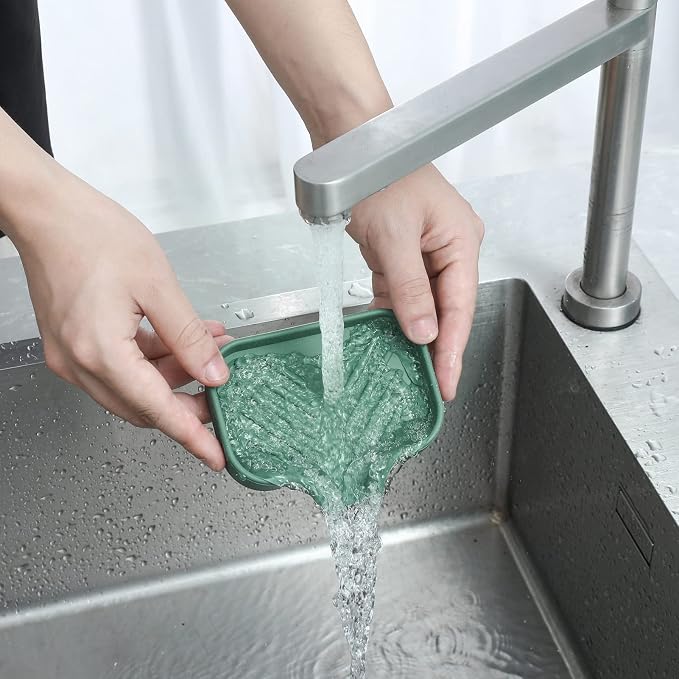 MicoYang Silicone Soap Dish with Drain Spout, Self-Draining Sink Organizer Tray for Bathroom and Kitchen, Sponges, Dispensers and Soap Holder, Non-Slip and Dishwasher Safe, Green (Compact, 4.9"×3.2")