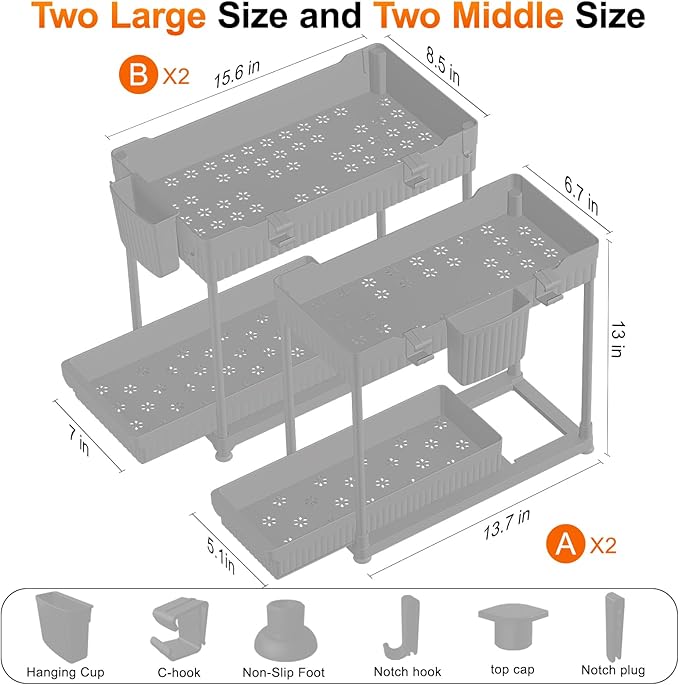 Sevenblue Under Sink Organizer, Bathroom Organizers and Storage, 2 Tier Multi-Use Pull Out Cabinet Organizer with Hang Hooks and Cups (Gray, 12.8 Inch)