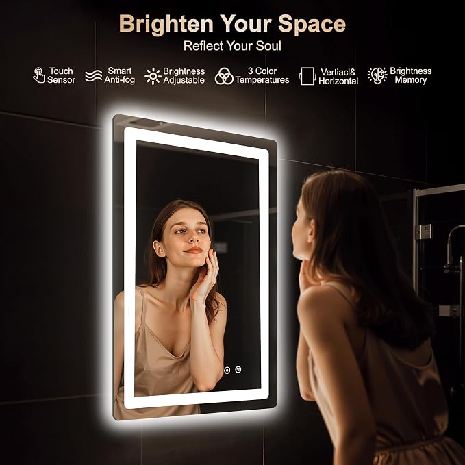 Delma 30x20 LED Bathroom Vanity Mirror with Lights, Anti-Fog, Dimmable | Front & Backlit with 3 Color Modes and Memory, 5mm Shatterproof Glass, Plug-in or Hardwired, Horizontal or Vertical