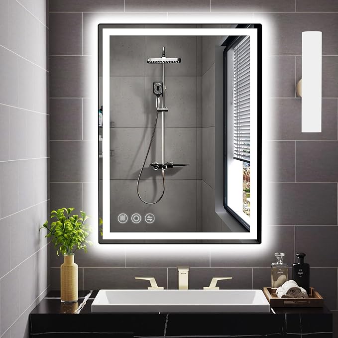 Memobarco 32" x 24" LED Bathroom Mirror with Lights, Memory Vanity Mirror | Anti-Fog, 3 Color Modes, Dimmable, Front Lit, Memory Function, Tempered Glass, Lighted Bathroom Mirror for Wall