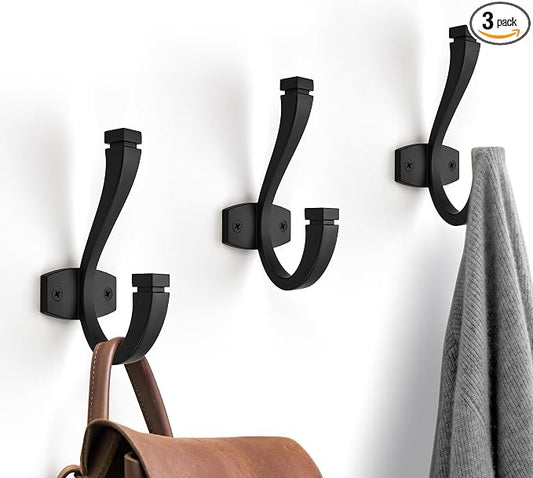 TUNNY Coat Hooks - 3 Pack Matte Black Towel Hooks Robe Hooks Decorative Wall Hooks for Bathroom Bedroom Kitchen Towel Robe Clothes Cabinet Closet Bathroom Hardware