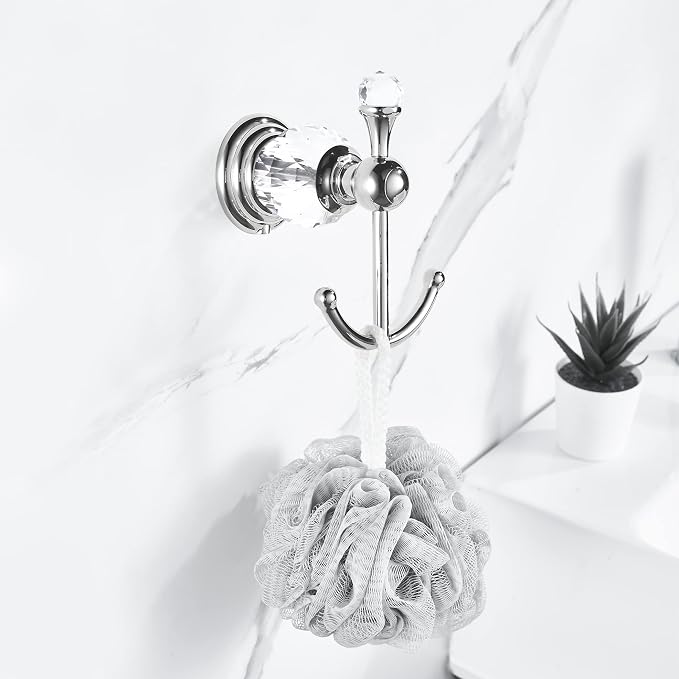 WINCASE Crystal Towel Hook Chrome, Bath Robe Hook, Silver Bathroom Wall Hooks Double for Coats Wall Mounted Modern Style