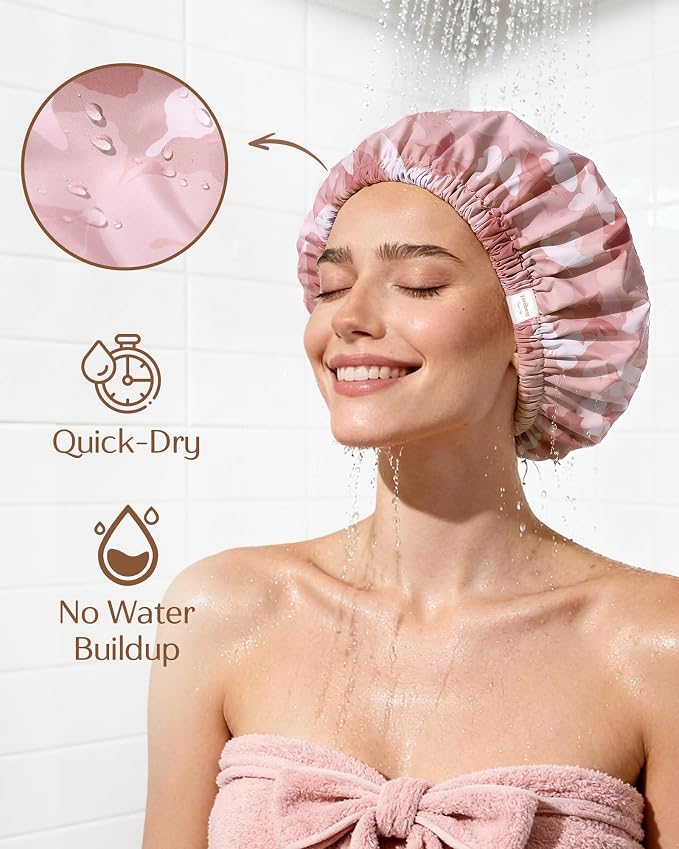 Yanibest Satin Lined Shower Cap, Shower Caps for Women Reusable Waterproof | Frizz Free & Large Durable Bath Cap with Soft Elastic Band, Luxury Hair Protection Caps, Nylon Shower Hair Cap
