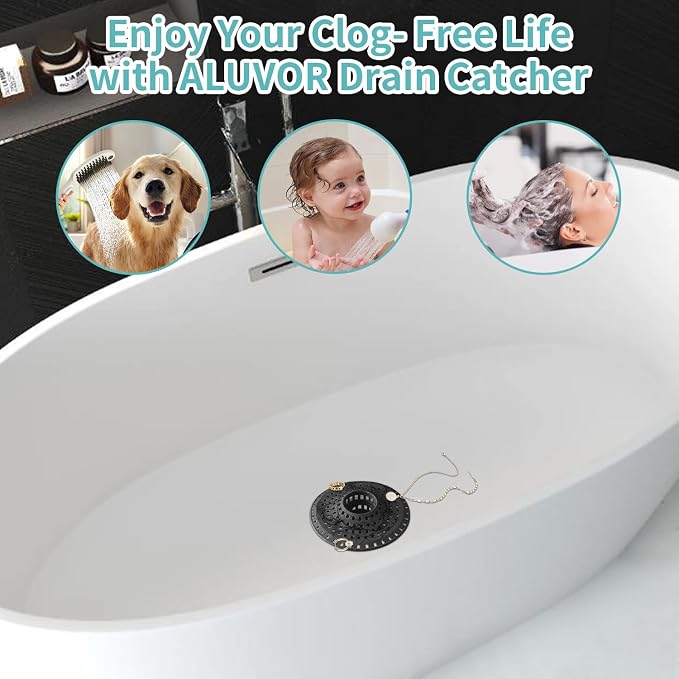 Aluvor Bathtub Drain Hair Catcher,Silicone Tub Hair Catcher Drain Protector | Collapsible Shower Hair Drain Catcher Strainer for 1.48'' to 1.76'' Flat Regular Drains, 3PCS/Black