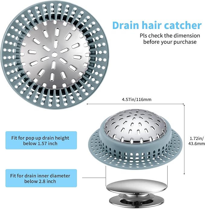 Aluvor Bathtub Drain Hair Catcher Shower Drain Cover Sink Drain Protector | Bathroom Sink & Bathtub Drain Strainer for Pop-Up & Regular Drains, Greyish Blue