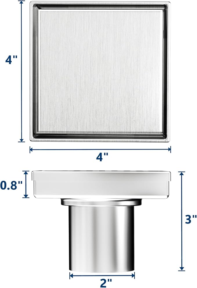 Neodrain Square Shower Drain with Removable Tile Insert Grate,304 Stainless Steel, CUPC Certified, Includes Hair Strainer (Brushed, 4 in)