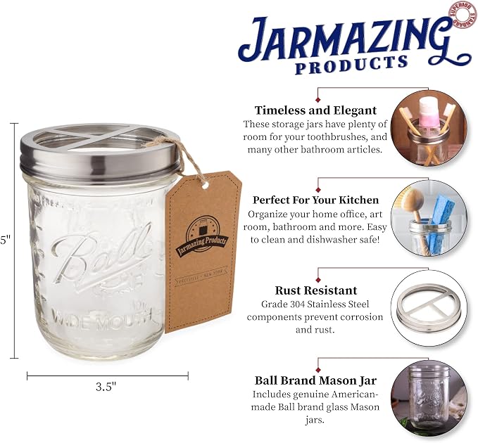 Jarmazing Products Mason Jar Toothbrush Holder - with 16 Ounce Ball Mason Jar – Made from Rust-Proof Stainless Steel - Two Pack