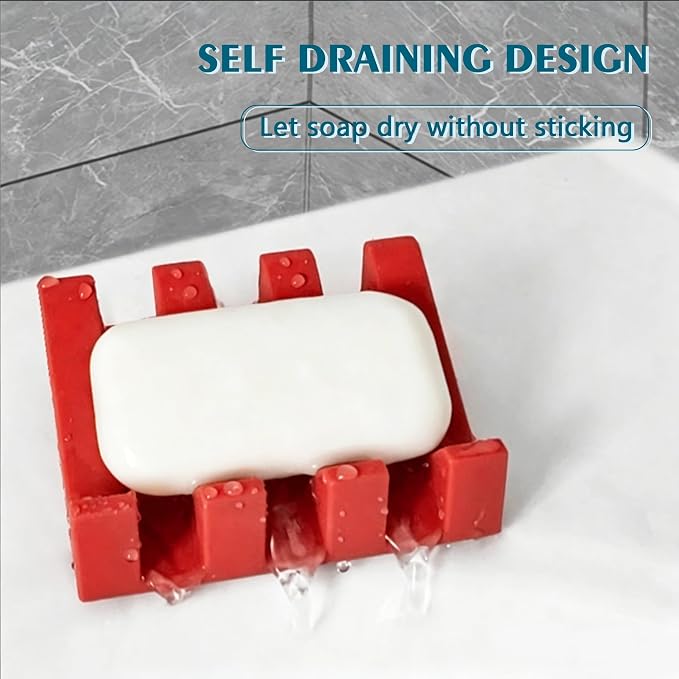 Self Draining Soap Dish Holder,Silicone Soap Dish,for Bathroom,Kitchen, Sponges，Can Extend Soap Life，Keep Soap Bars Dry and Easy Cleaning (Red,1-Pack)