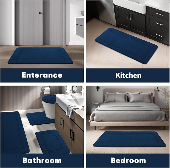 YIHOUSE Dark Blue Memory Foam Bathroom Rug Set 5 Piece, Absorbent Bath Mats, Non Slip Bath Mats for Bath Room Washable Dry Quickly Bath Rug Set for Bathroom Floor, Dark Blue Bath Mat Set 5 Piece