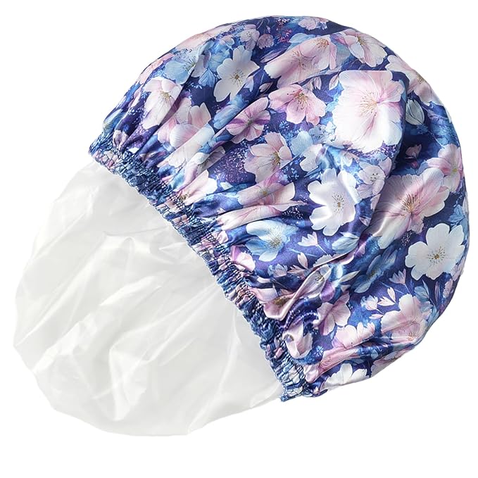 Shower Caps for Women, 4 PCS Reusable Waterproof Bath Cap | Double Layer, Washable, Wide Elastic Band, Holds Long Hair, Caps for Bath Accessories, Spa, Travel Home - Printing Flower D
