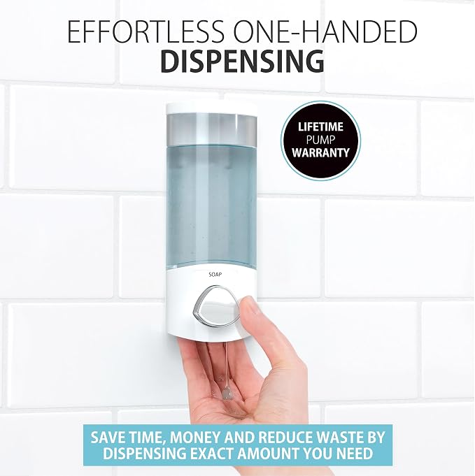 Better Living 76154-1 Products EURO, 1-Chamber, White | 1 Chamber, Soap and Sanitizer Dispenser Pump, Corner or Flat Wall Installation, No Drill Adhesive
