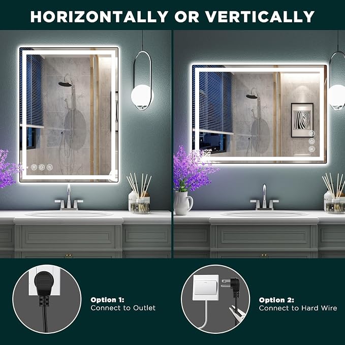 Memobarco 32" x 24" LED Bathroom Mirror with Lights, Memory Vanity Mirror | Anti-Fog, 3 Color Modes, Dimmable, Front Lit, Memory Function, Tempered Glass, Lighted Bathroom Mirror for Wall