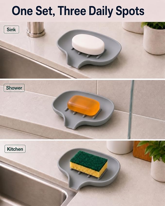3 Pack Soap Bar Holder, AIMAIAIMAI Self Draining Soap Dish, Quick Drainage, Soap Dishes for Bathroom, Shower, Silicone Soap Tray for Kitchen, BPA-Free, Dishwasher Safe (Gray)