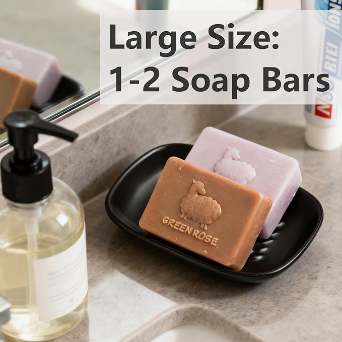 Miamolo Soap Dish, Ceramic Soap Holder Shower Soap Dish for Bar Soap Sponge, Soap Saver Tray for Bathroom Kitchen Sink, Black (Pack of 2)
