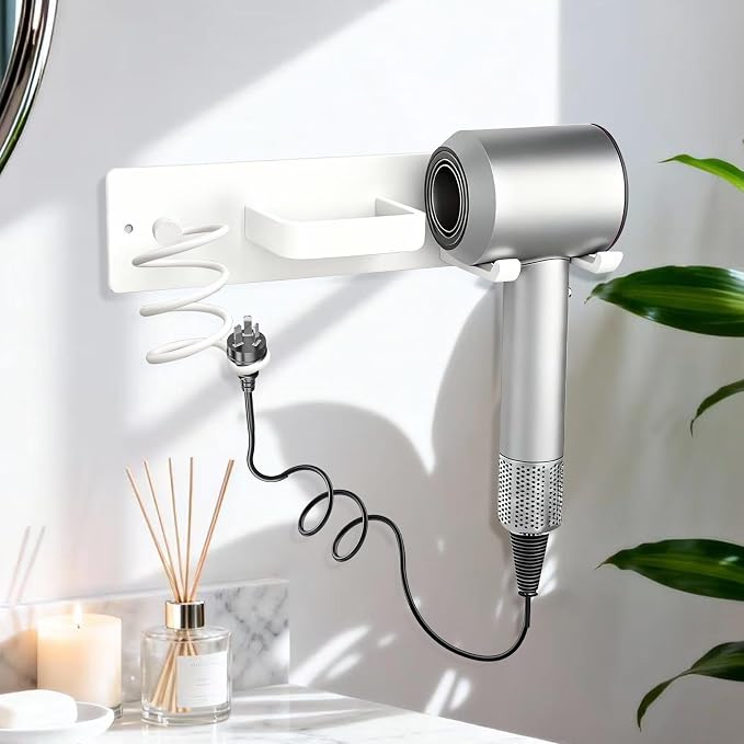 Hair Dryer Holder Hair Tool Organizer Metal Wall Mount (White) | Heat Resistant Hair Tool Organizer, Metal Wall Mount Storage, Bathroom Counter Space Saver, Blow Dryer Holder
