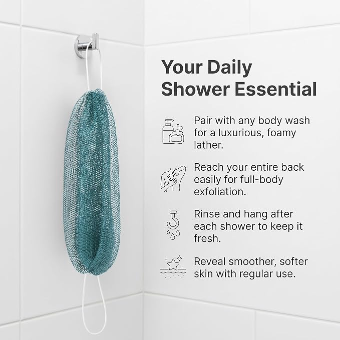UJFQBH African Net Sponge Authenti, Exfoliating Body Scrubber for Back and Hard to Reach Areas, Gentle Daily Exfoliation for Deep Cleansing, Quick Drying Shower Essential, Aqua Grey 3 Pack