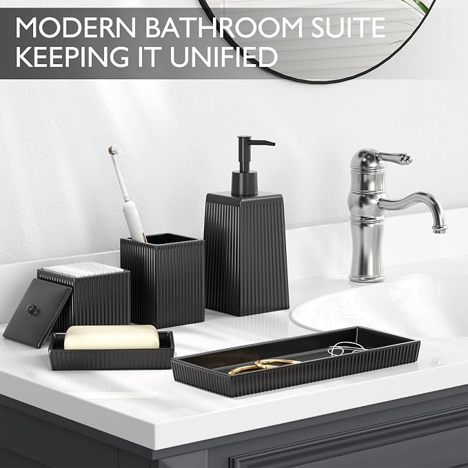 XLHOMO Bathroom Set - Black Bathroom Accessories Set, 5PCS Ceramic Bathroom Accessory Set, Bathroom Sets with Soap Dispenser, Toothbrush Tumbler, Soap Dish, Q-tip Holder & Vanity Tray