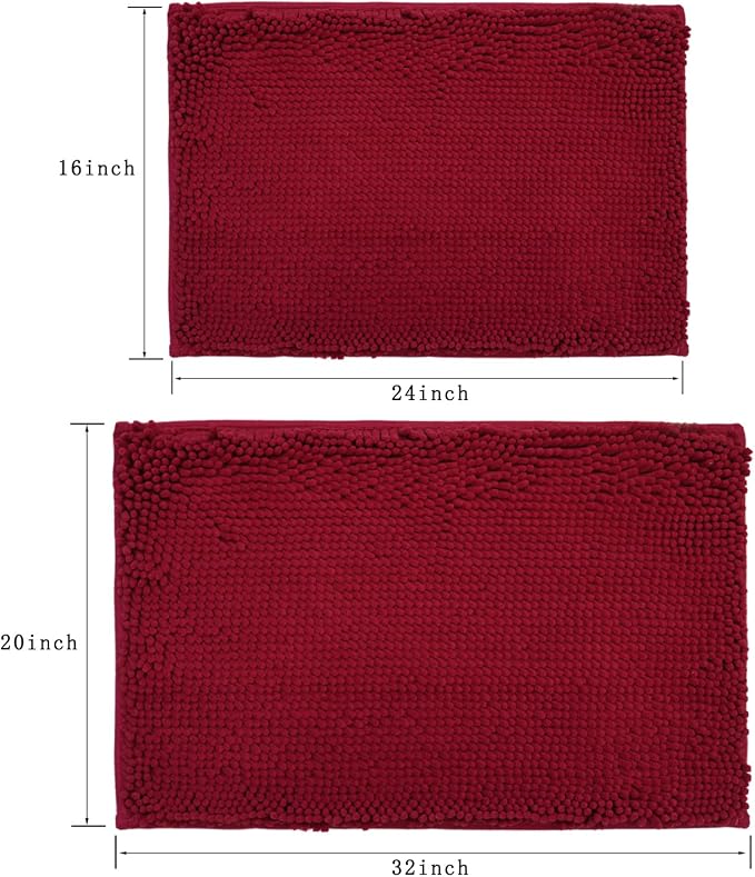 Bathroom Rugs Sets 2 Piece,Super Absorbent Soft,Thick,Machine Washable Chenille Bath Mat,Non Slip Toilet Floor Rug,Bath Mats for Bathroom,16x24 Plus 20x32 Shape,Burgundy