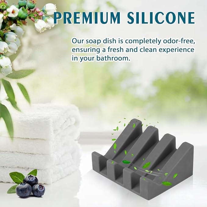 Silicone Soap Dish Self Draining with Suction Cups (Gray, 2 Pack) | Waterfall drainage design drains fast to keep soap dry silicone soap saver with reusable suction cups for bathroom & kitchen