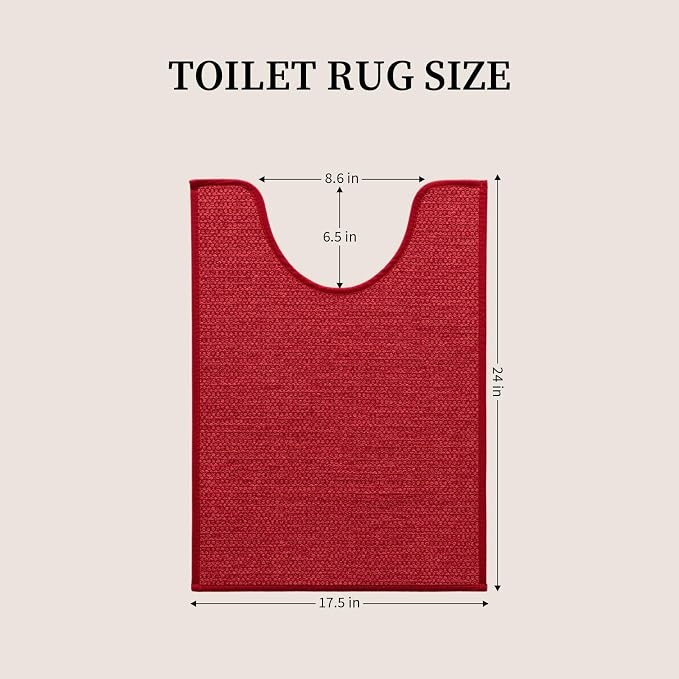 Red Toilet Rugs U Shaped 17.5"x24", Quick Dry Non Slip Contour Bath Mat, Absorbent Machine Washable Ultra Thin Bathroom Mats for Toilet Base