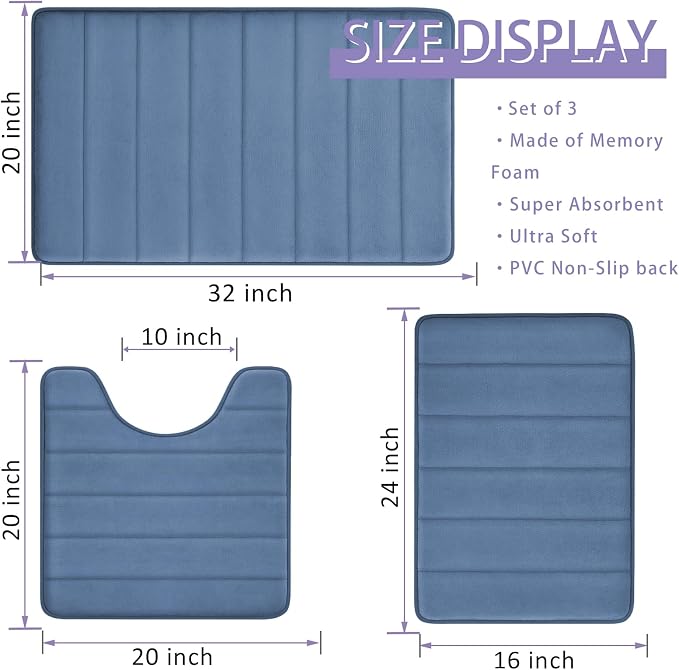 Memory Foam Bath Rug Set 3 Piece Non-Slip Mats,Absorbent Shaggy Super Soft U-Shaped Toilet Rug,Bathroom Carpets for Tub,Shower,Blue