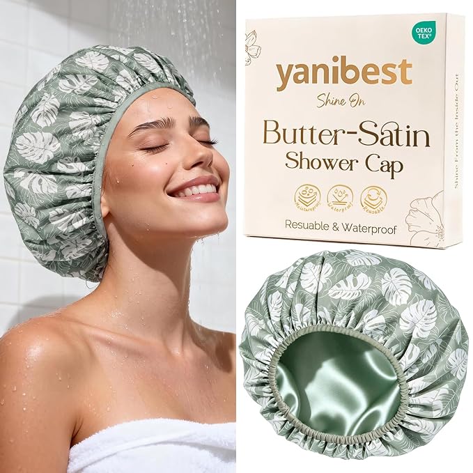 Yanibest Frizz Free Satin Lined Shower Cap with Soft Elastic Band | Frizz Free & Large Durable Bath Cap with Soft Elastic Band, Luxury Hair Protection Caps, Nylon Shower Hair Cap