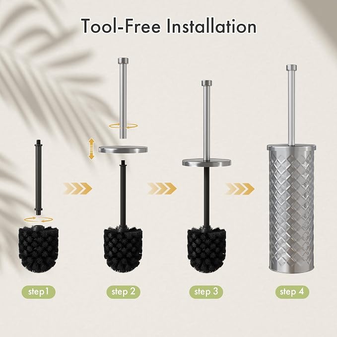 Toilet Bowl Brush and Holder Set 2 Pack with 4 Extra Brush Heads (Silver) | Extra Long Handle with Splash Guard Cover, Tool-Free Installation, Bathroom Space-Saving, Cleaner Sets for Apartments, RV
