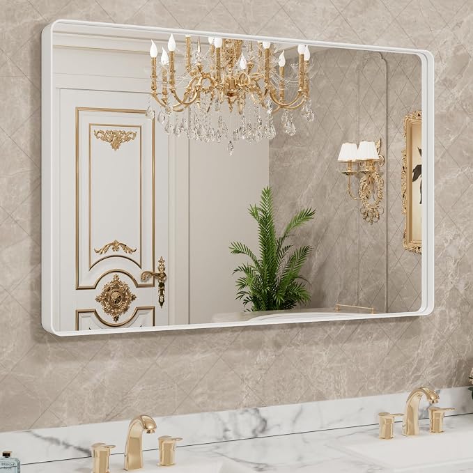 LOAAO 48x32 Inch White Metal Framed Bathroom Mirror | Rounded Rectangle Mirror, Anti-Rust, Tempered Glass, Hangs Horizontally or Vertically
