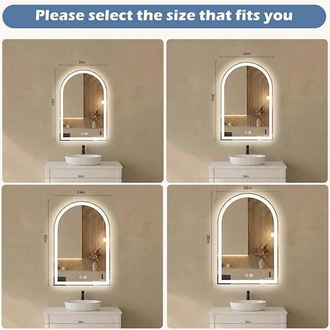 DUMOS 20"x28" LED Bathroom Mirror with Lights, Arched Vanity Mirror | Anti-Fog, Dimmable, 3-Color Light, Memory Function, Front Light and Backlit, Tempered Glass