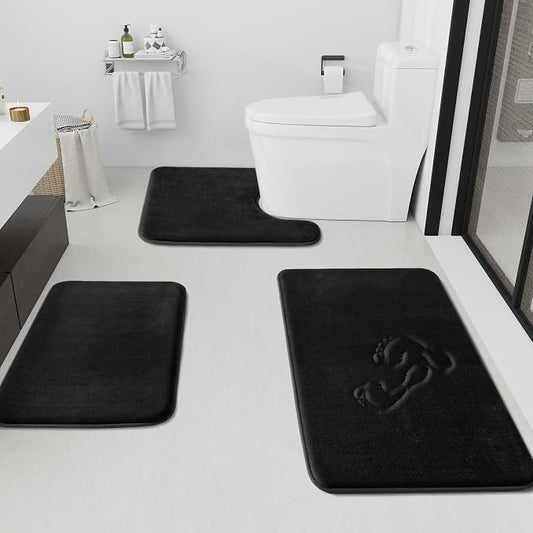 Bathroom Rugs Sets 3 Piece, Non-Slip & Quick Dry Bath Mat Set, Ultra Soft Velvet Bath Rugs for Bathroom, Toilet and Shower Floor, Black