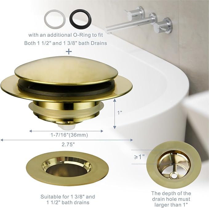 Gold Brushed Tub Drain Stopper,Universal Pop Up Bath Drain Plug Bathtub Drain Stopper,Hidrop Conversion Kit Assembly,Replaces Lift and Turn,Tip-Toe Plug Stopper for Tub,EZ Install(Gold Brushed)