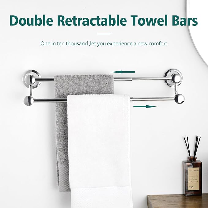 Hoimpro Adjustable Retractable 12-25 Inches Stainless Steel Bathroom Towel Bar, Bathroom Accessories Bath Hotel Double Towel Bar Rod Hanger Wall Mounted Towel Holder Towel Rack, Polished Chrome