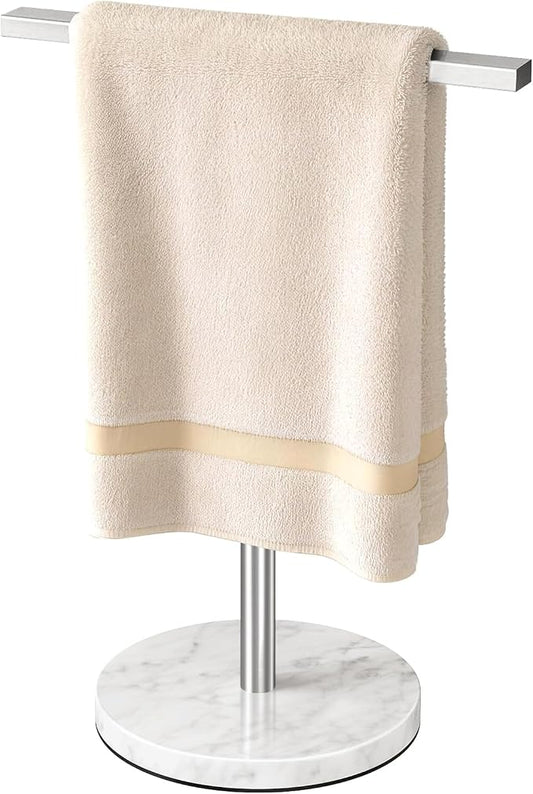 Gypie T-Shape Hand Towel Holder Stand with Heavy Marble Base, Stainless Steel Bathroom Countertop Towel Rack for Bathroom Kitchen, Brushed Nickel