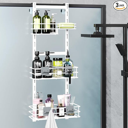 Orimade Over The Door Shower Caddy Adjustable 3 Tier White,Bathroom Hanging Organizer Shelf Rustproof with 4 Hooks,Shower Basket with Soap Holder and Suction Cup