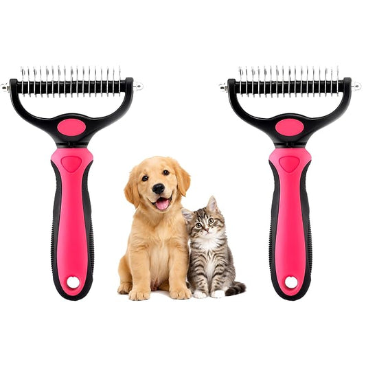 2-in-1 Double-Sided Pet Grooming Comb for Dogs & Cats - Deshedding Brush & Rounded-Tooth Dematting Tool | Painlessly Removes Knots, Tangles, Loose Undercoat & Fur in Thick/Long Coats (Pink -Large)
