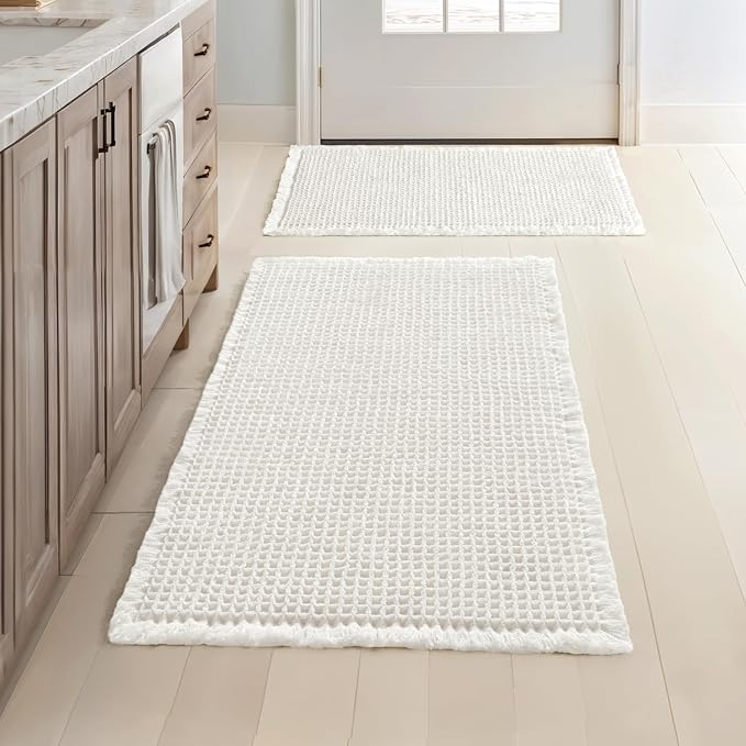 MIULEE Set of 2 Waffle Bathroom Rugs Boho Bath Mat White 17"x24"+18"x30" | Non Slip, Super Absorbent, Washable, Ultra Soft, Rubber Backed, Small Bath Rugs for Bathroom Floor Tub Shower