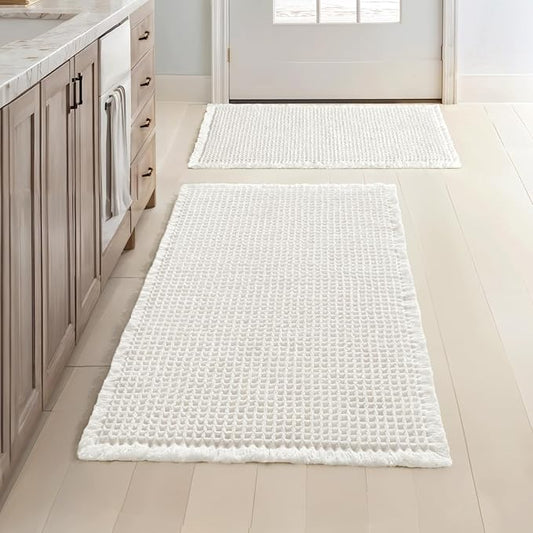 MIULEE Set of 2 Waffle Bathroom Rugs Boho Bath Mat White 17"x24"+20"x32" | Non Slip, Super Absorbent, Washable, Ultra Soft, Rubber Backed Bath Rugs for Bathroom Floor Tub Shower