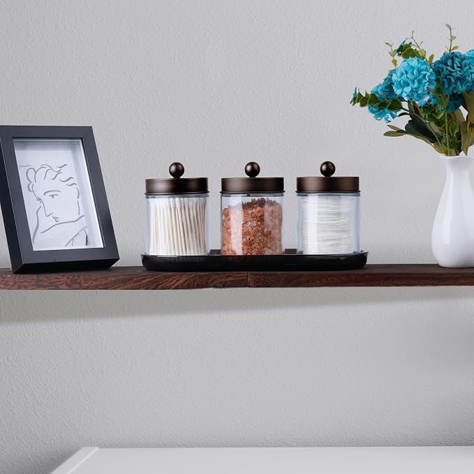 SheeChung 3 Pack Glass Apothecary Jars with Acrylic Vanity Tray | Bathroom Jars with Lids Set with for Qtip, Cotton Ball, Floss Picks - Modern Industrial Style - Bathroom Organizer (Bronze)