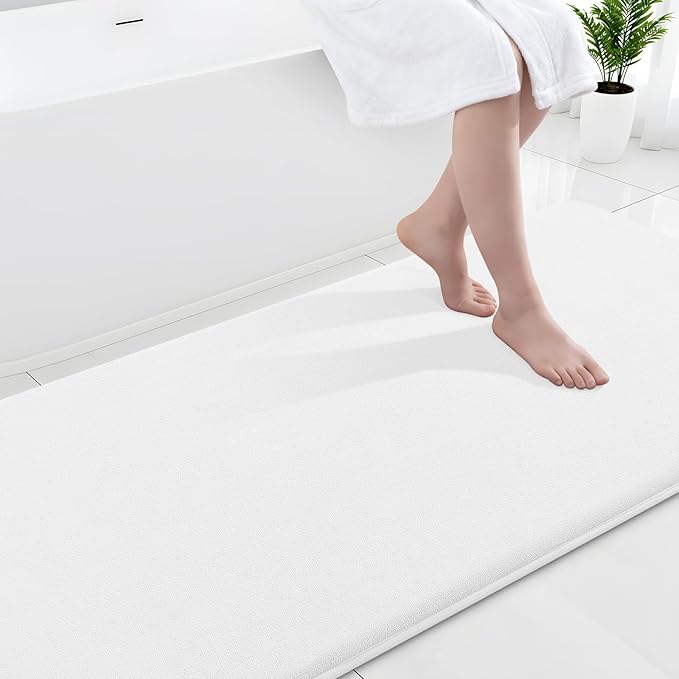 Smiry Memory Foam Bath Mat 59x24, Extra Soft and Absorbent Bathroom Rugs | White, Quick Dry Machine Washable Non-Slip Bath Mat for Bathroom Floor, Shower and Tub