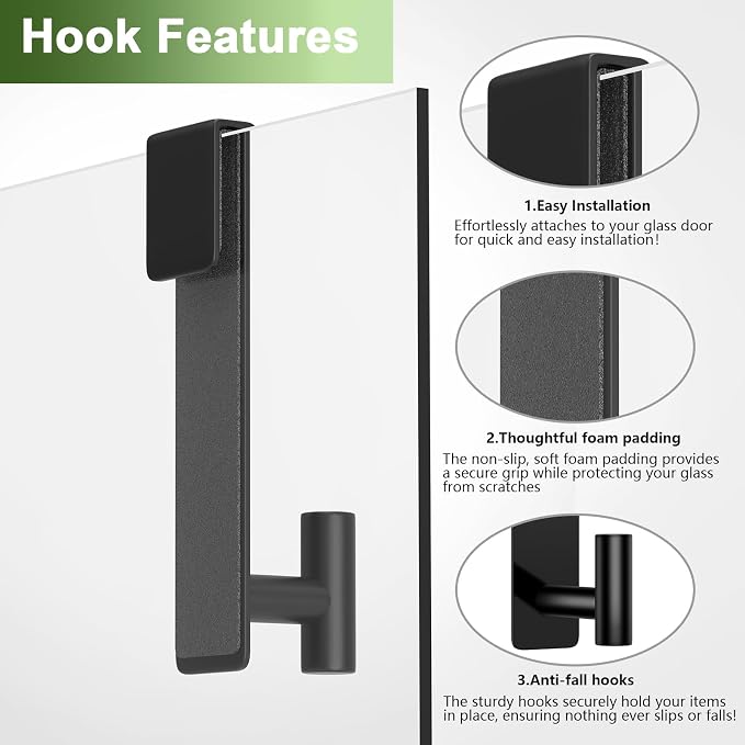 Shower Door Hooks, Heavy Duty Rack Hooks for Robe, Stainless Steel Towel Hooks for Bathroom, Fits Frameless Glass Shower Doors up to 3/8" (10mm) Thick (Black, 2 Pack)