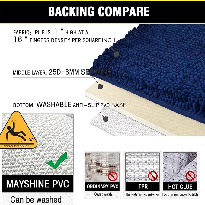 BOANKODU Bathroom Rug Sets 2 Piece, Non-Slip Soft Chenille Bath Mat, 32x20 + 20x20 Inch U Shape, Machine Washable (Navy Blue)
